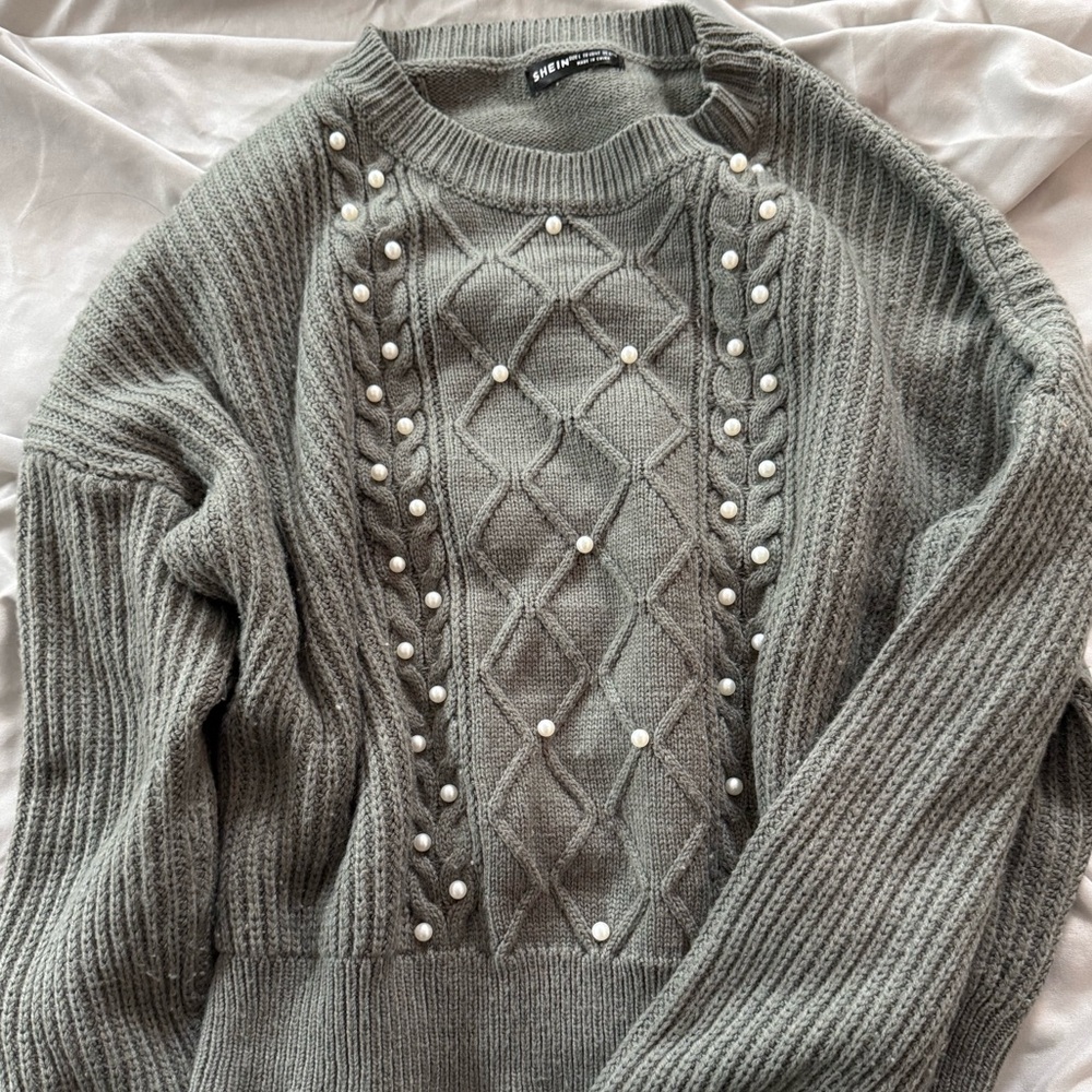 Shein dark Gray Sweater with Pearl Details